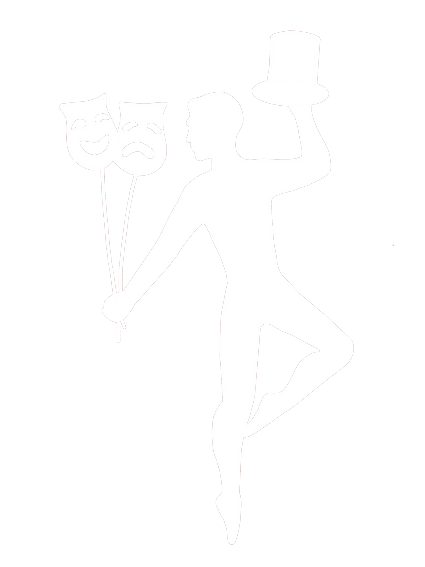 Dancing man holding hat and drama masks.